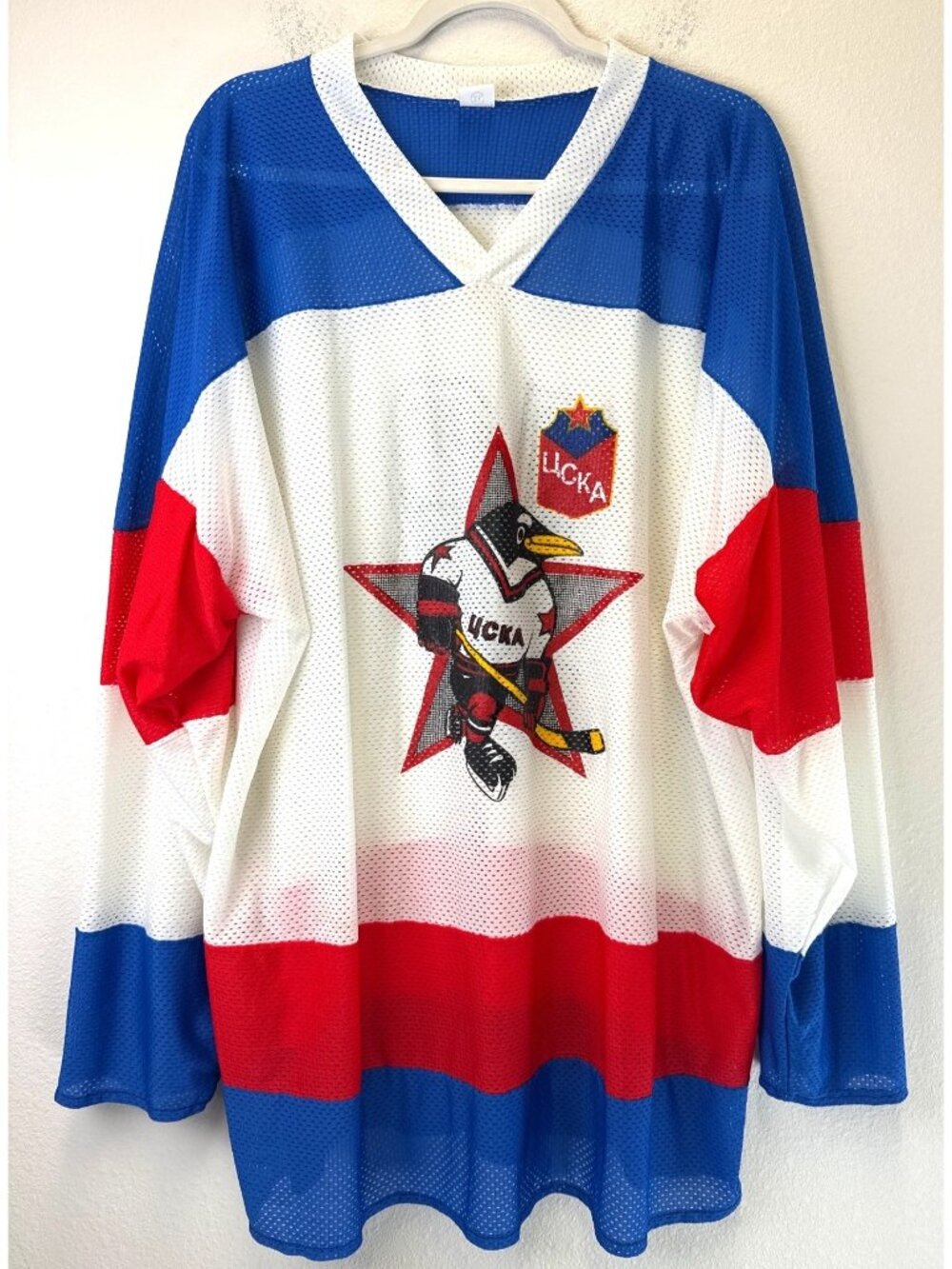 Vintage Russian USKA Hockey Jersey XL Mesh Red/White/Blue Penguin Logo